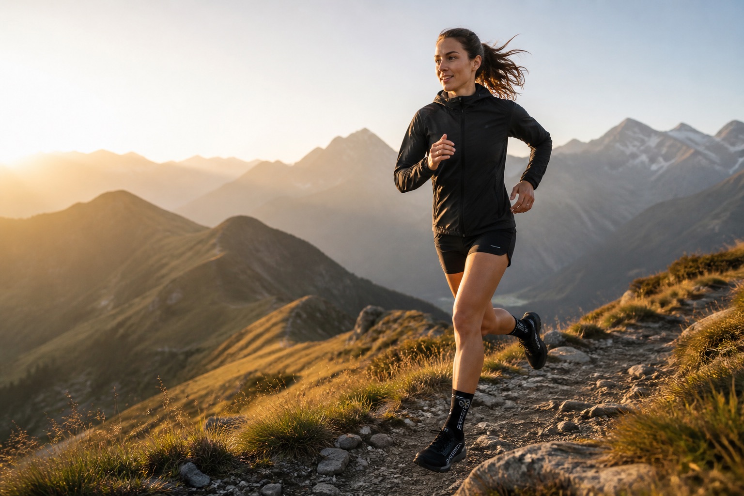 Trailrunnerin mit schwarzen Steigen Performance-Socken auf einem Alpenweg